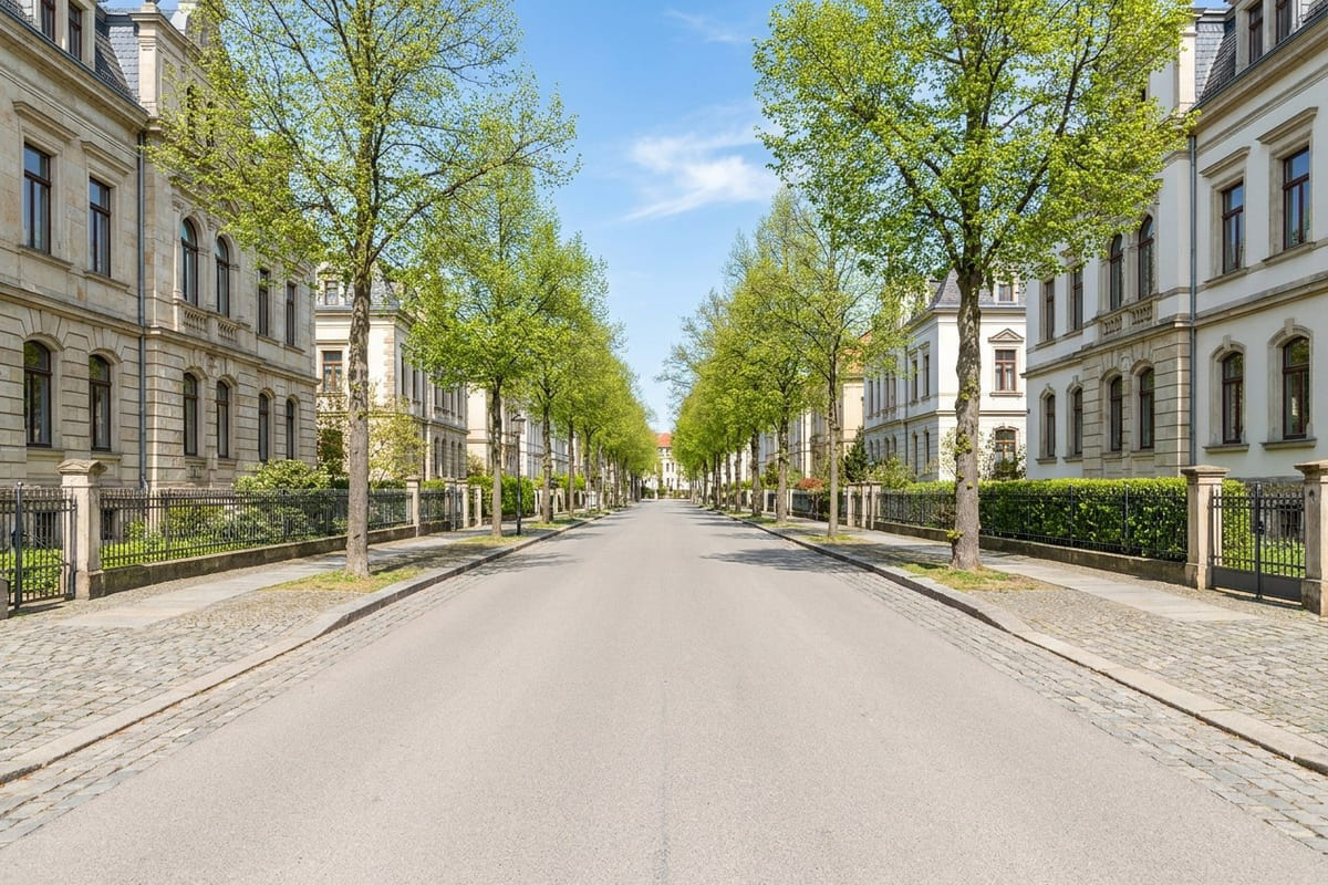 Sonnige Allee in einem Dresdner Villenviertel: sanierte Gründerzeitfassaden mit Vorgärten und schmiedeeisernen Zäunen säumen beide Seiten einer baumbestandenen, leeren Straße