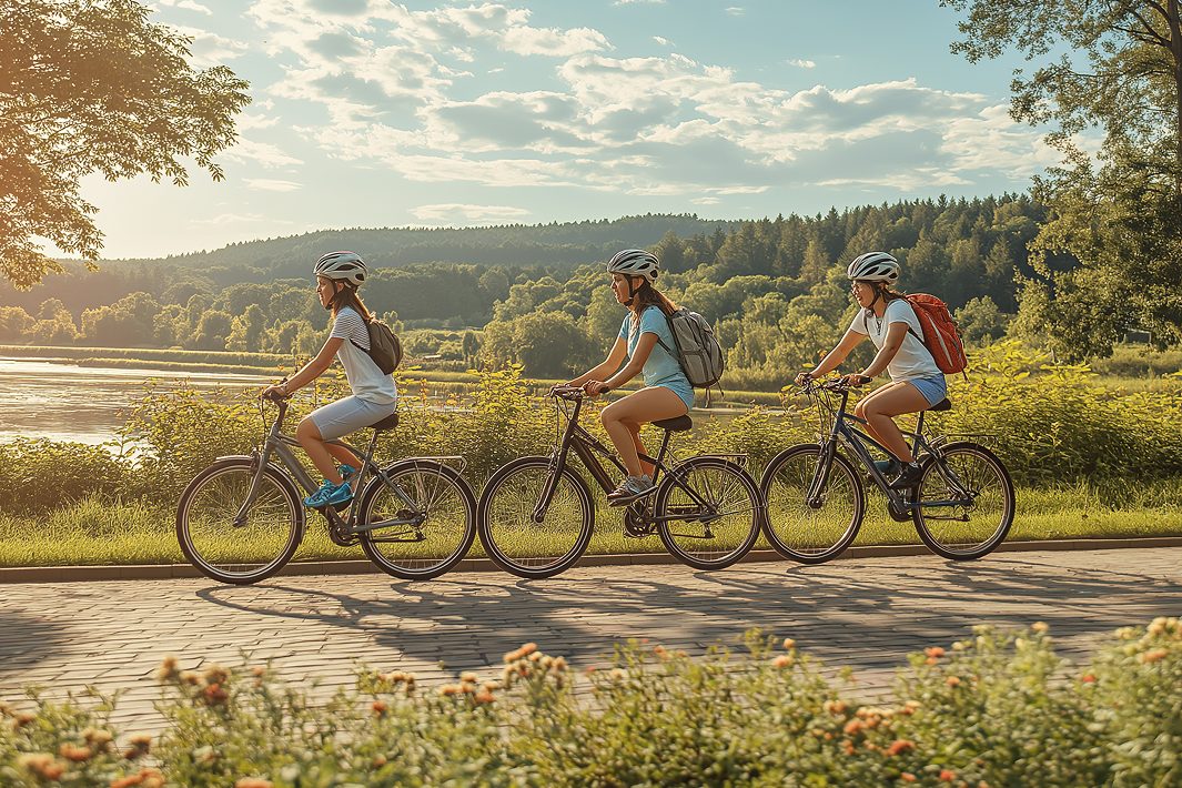 Drei Radfahrende mit Helm und Rucksack auf einem gepflasterten Uferweg, dahinter ein See und bewaldete Hügel im Sommerlicht