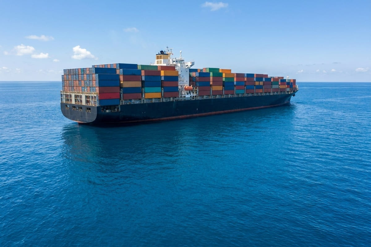 Ein voll beladenes Containerschiff mit bunten Containern fährt bei klarem Wetter über das tiefblaue Meer, aus erhöhter Perspektive schräg von hinten gesehen