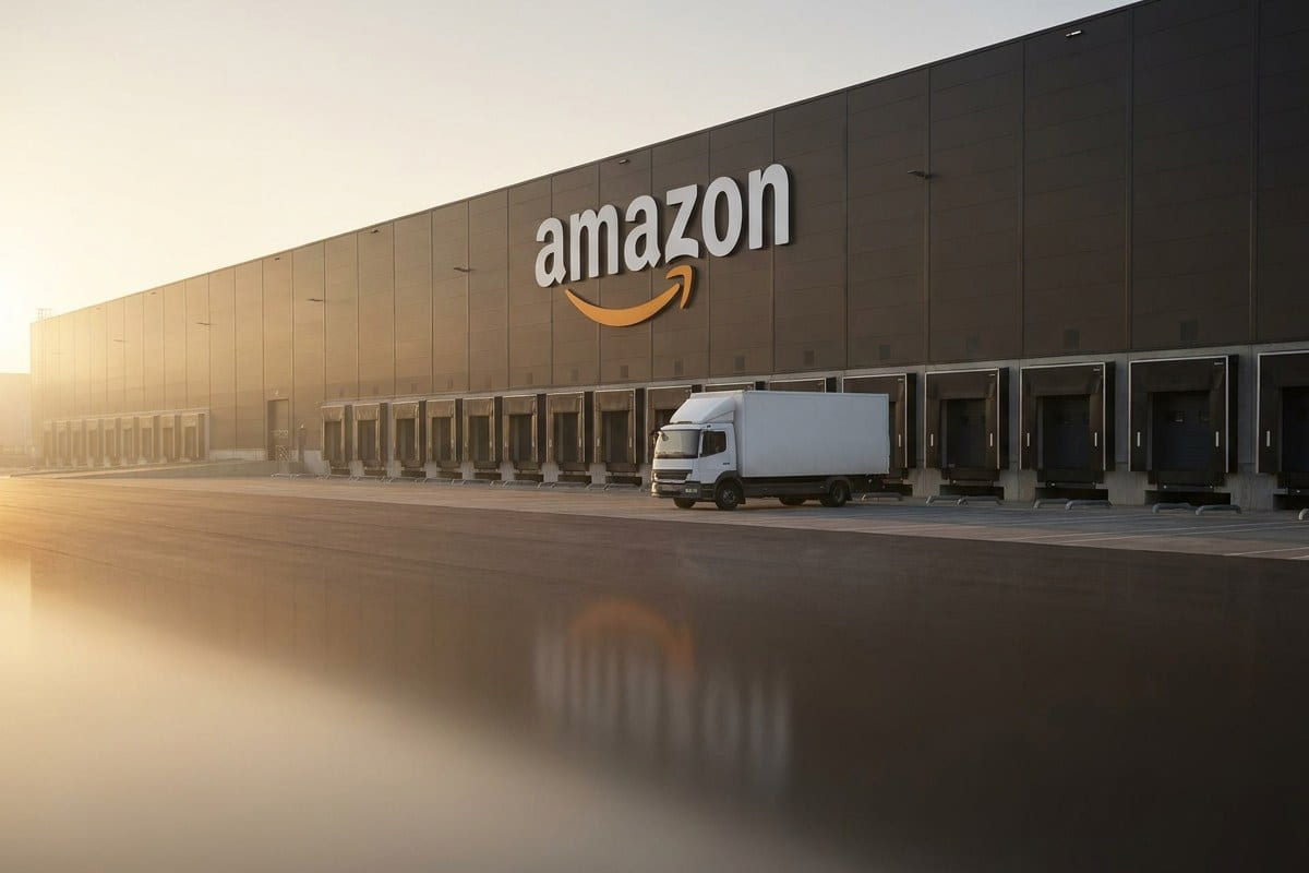 Verladehof eines Amazon-Logistikzentrums im warmen Morgenlicht: lange dunkle Fassade mit Amazon-Schriftzug über einer Reihe von Verladetoren, davor ein weißer Lkw an der Rampe, der Vorplatz spiegelt das Licht