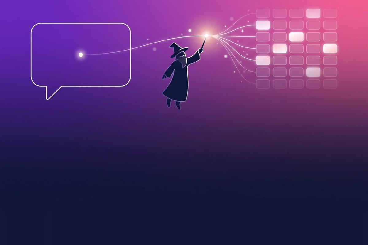 Illustration auf violett-purpurfarbenem Verlauf: links eine leere Sprechblase mit Leuchtpunkt, in der Mitte die Silhouette eines Zauberers mit Zauberstab, rechts ein Raster kleiner Datenkacheln, verbunden durch leuchtende Linien