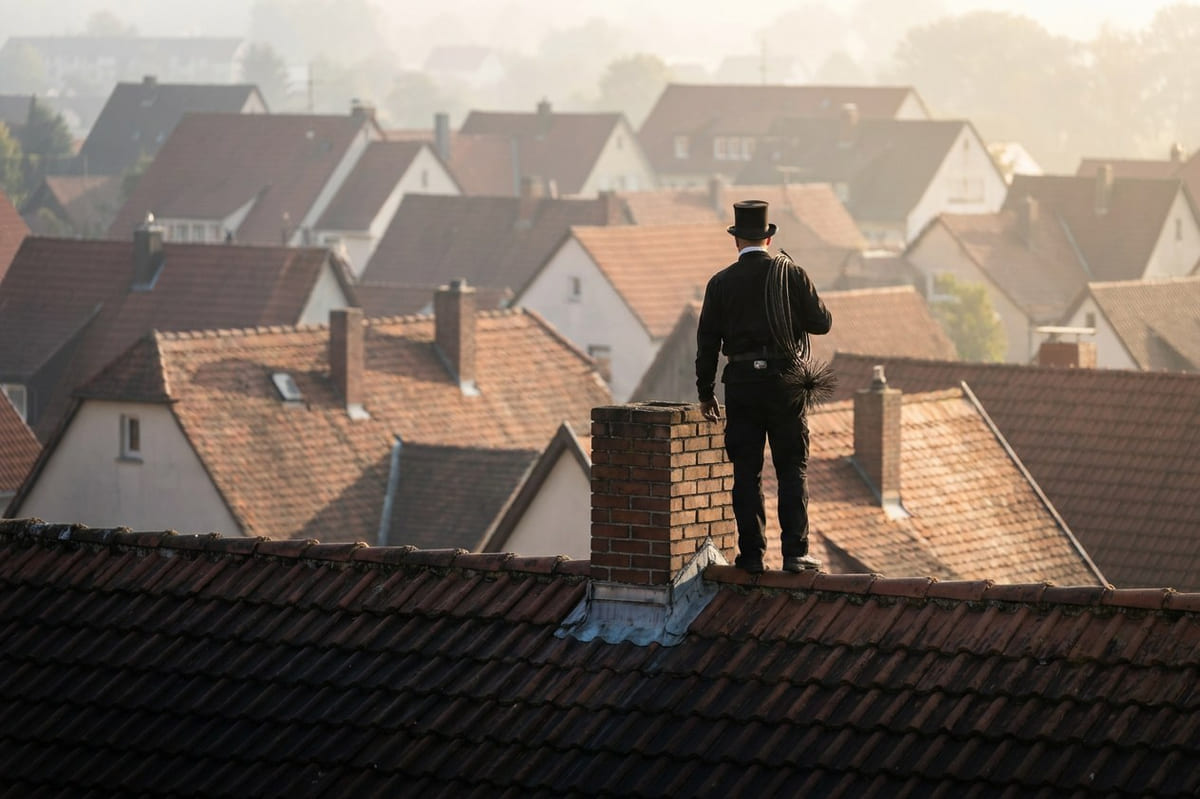 Ein Schornsteinfeger in traditioneller schwarzer Kluft mit Zylinder steht von hinten gesehen auf einem Dachfirst neben einem gemauerten Schornstein, das Kehrgerät über der Schulter, und blickt über die Ziegeldächer einer Kleinstadt im morgendlichen Dunst